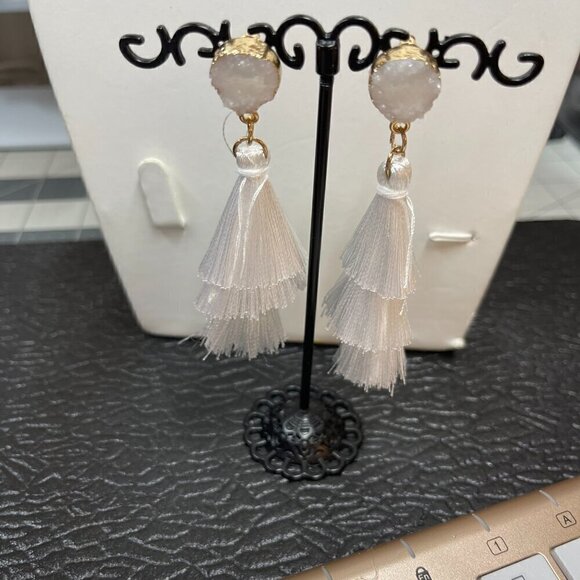 Boutique Jewelry - Drusy Drop Earrings in White with 3-Tier Silk Tassels - New (403)
